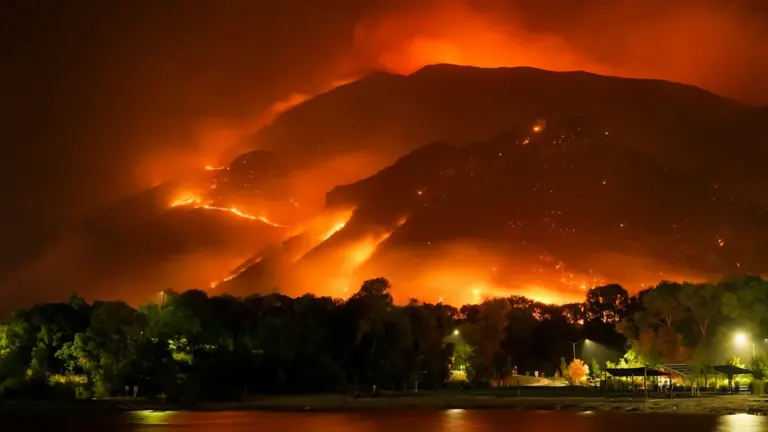 Vue nocturne d'un flanc de montagne en proie à un violent incendie forestier.